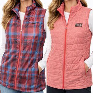 Nike Golf Reversible Puffer Vest Women’s M Plaid Coral Pink Full Zip Swoosh